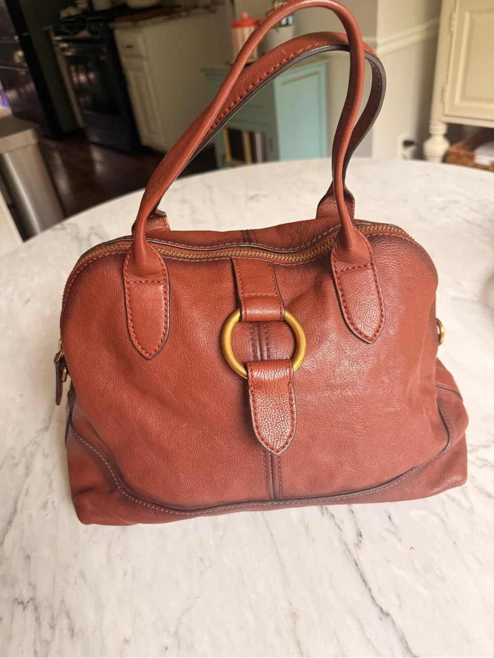 Frye “Ring Dome” Brown Leather Satchel Handbag with Gold Ring Accent
